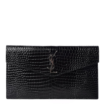 Saint Laurent Calfskin Crocodile Embossed Uptown Monogram Clutch Black 1 of 9
