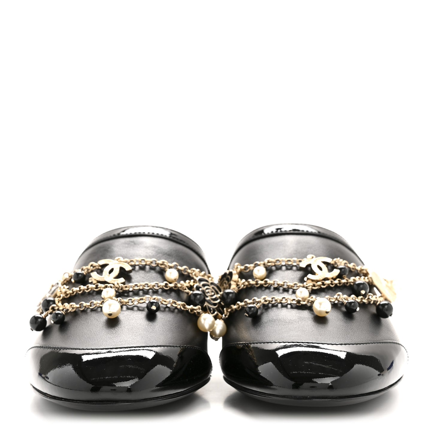 Lambskin Patent Pearl Chain Charm CC Mules 37 Black