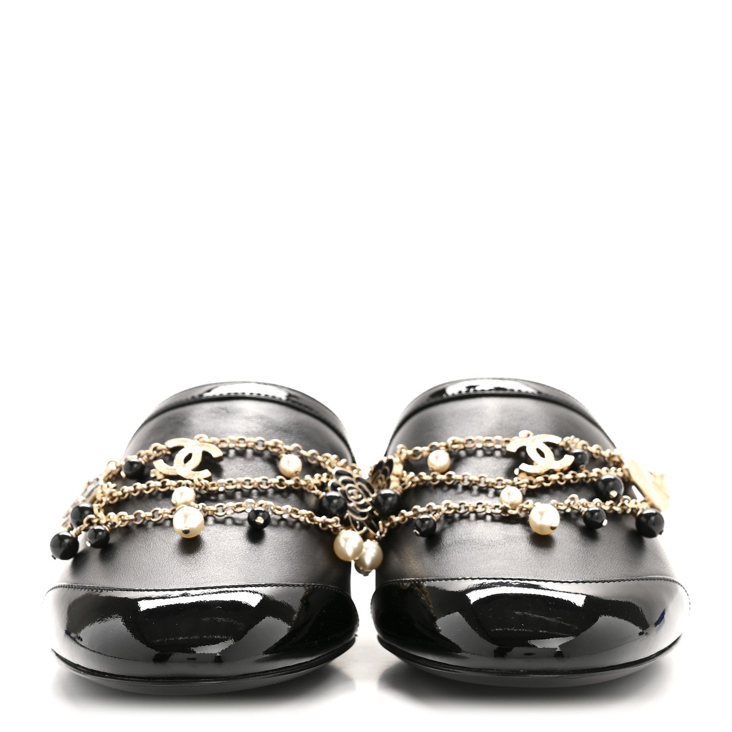 Chanel Lambskin Patent Pearl Chain Charm CC Mules 37 Black 3 of 10