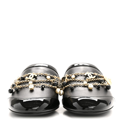 Chanel Lambskin Patent Pearl Chain Charm CC Mules 37 Black 3 of 10