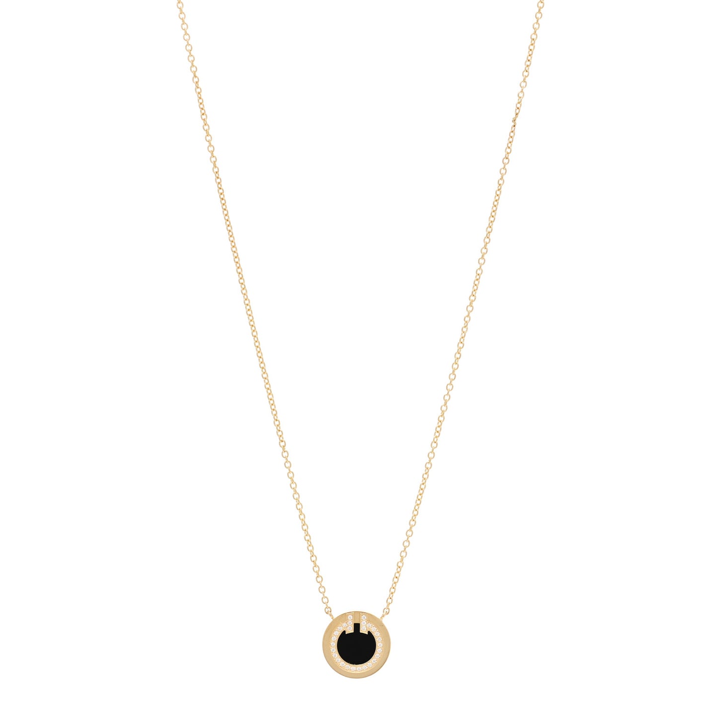 18K Yellow Gold Diamond Black Onyx Small T Circle Pendant Necklace
