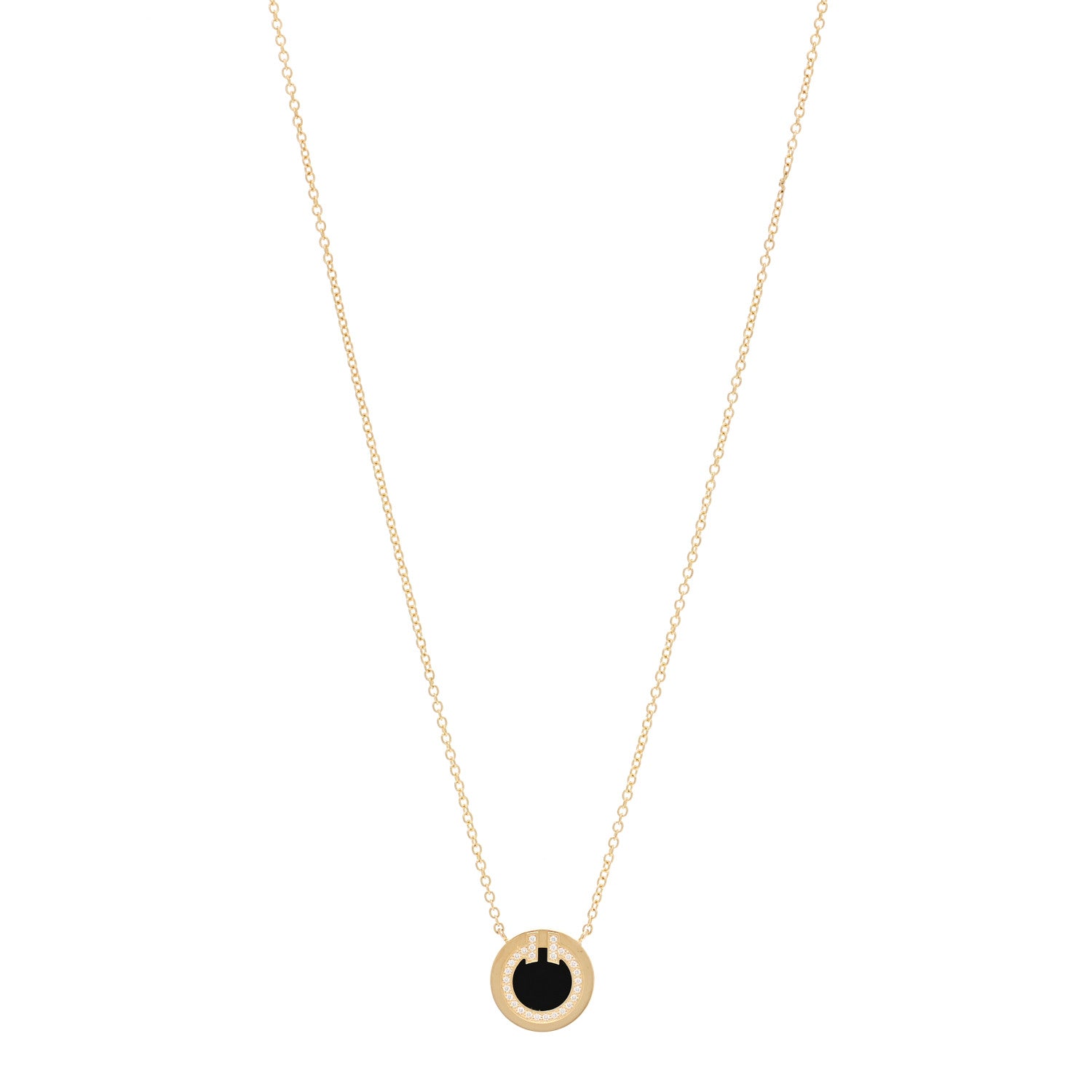 Tiffany 18K Yellow Gold Diamond Black Onyx Small T Circle Pendant Necklace 1 of 7