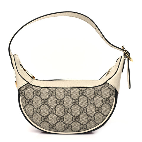 GG Supreme Monogram Textured Dollar Calfskin Web Mini Ophidia Half Moon Hobo Beige Ebony Mystic White