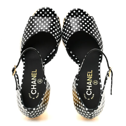 Chanel Printed Calfskin Polka Dot CC Platform Sandals 37 Black White 2 of 9