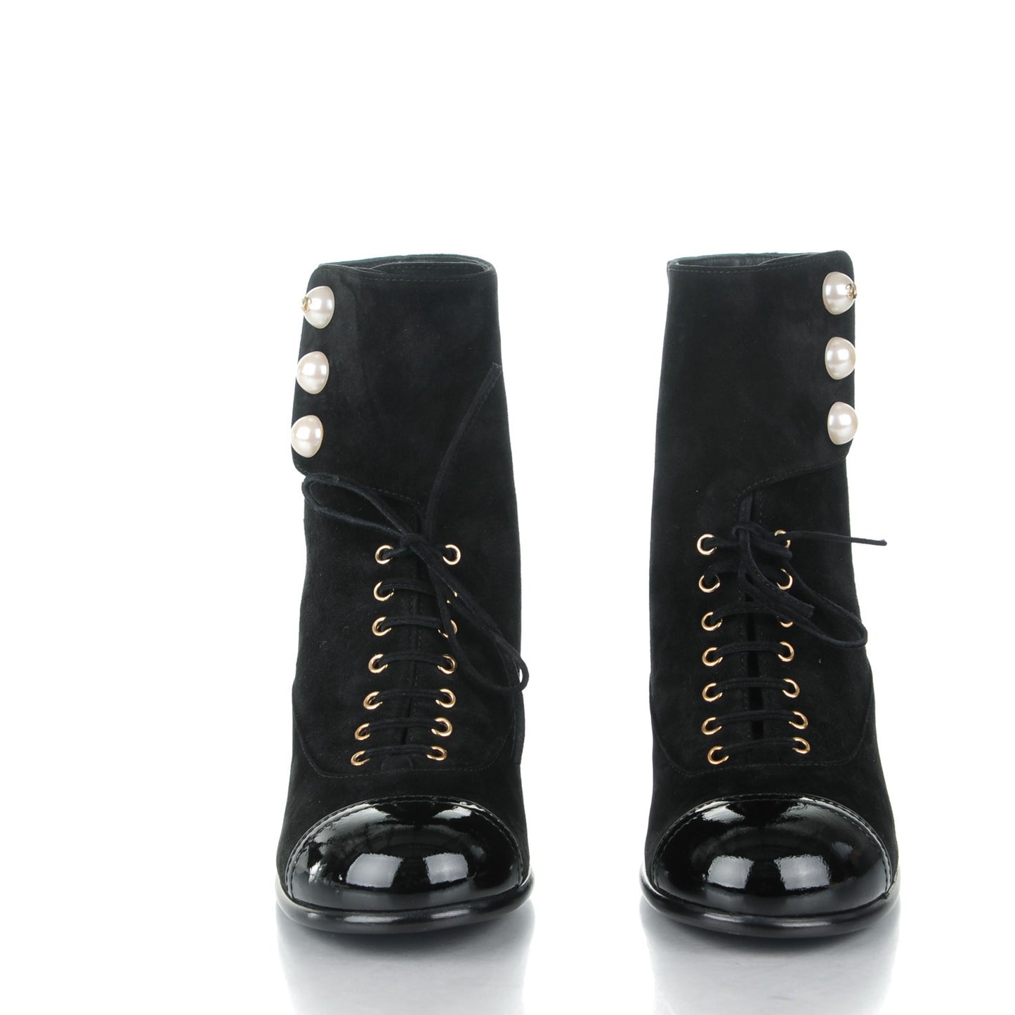 Suede Patent Calfskin Pearl Cap Toe Short Boots 36 Black