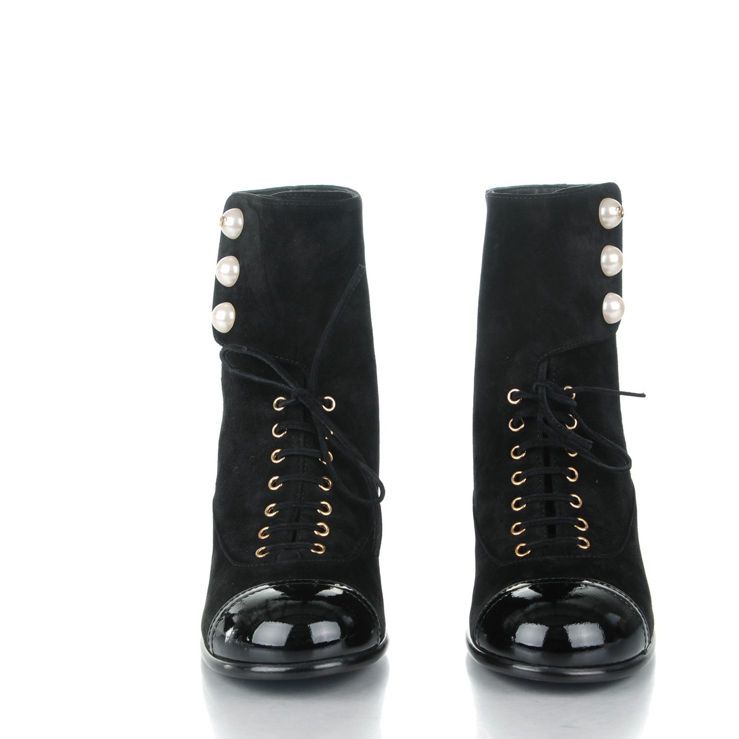 Chanel Suede Patent Calfskin Pearl Cap Toe Short Boots 36 Black 2 of 7