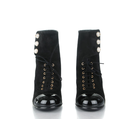 Chanel Suede Patent Calfskin Pearl Cap Toe Short Boots 36 Black 2 of 7