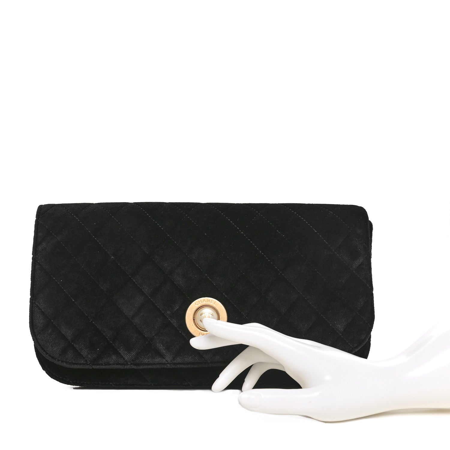Chanel Velvet Quilted CC Pearl Clutch Black 2 of 10