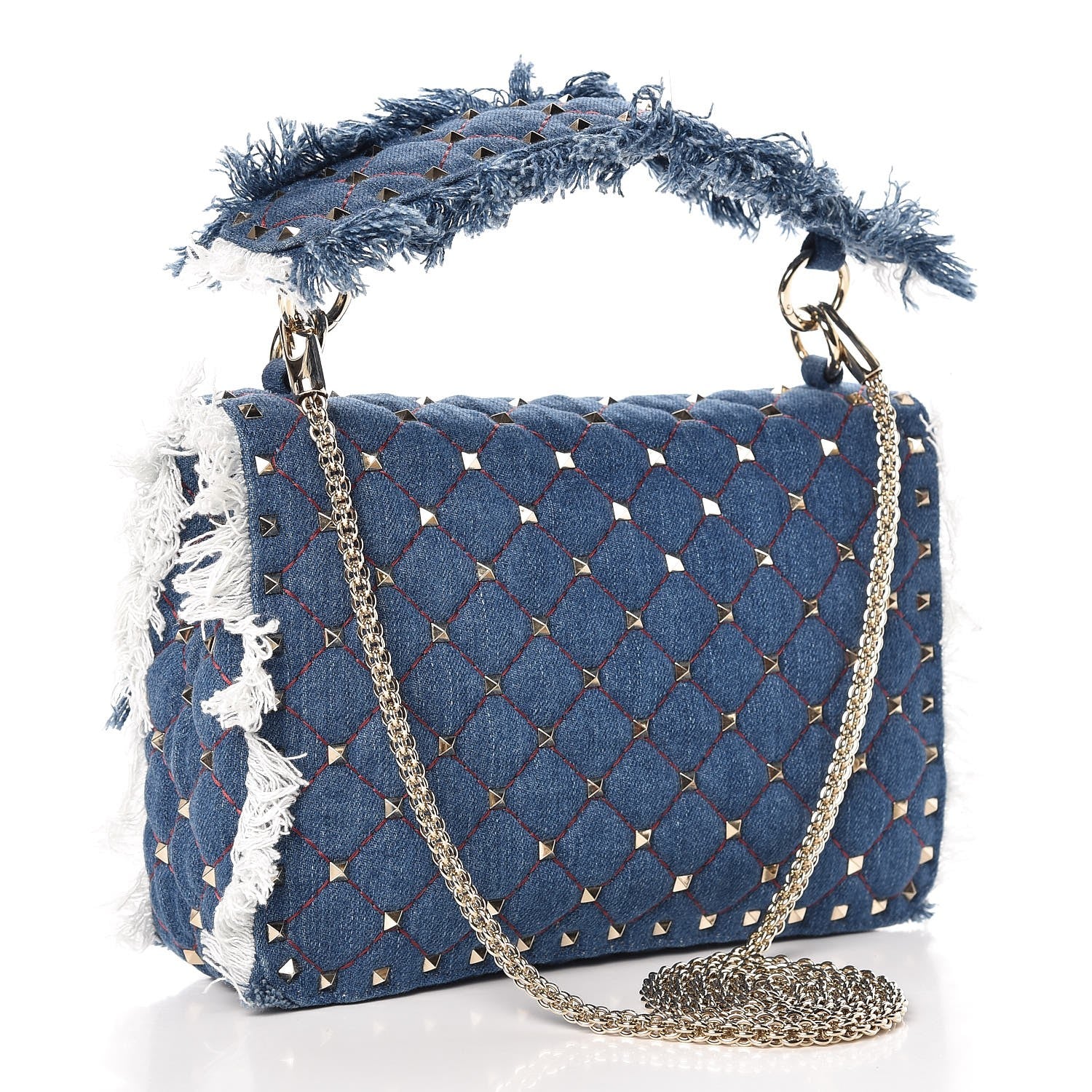 Valentino Garavani Denim Fringe Medium Rockstud Spike Shoulder Bag Blue 4 of 11