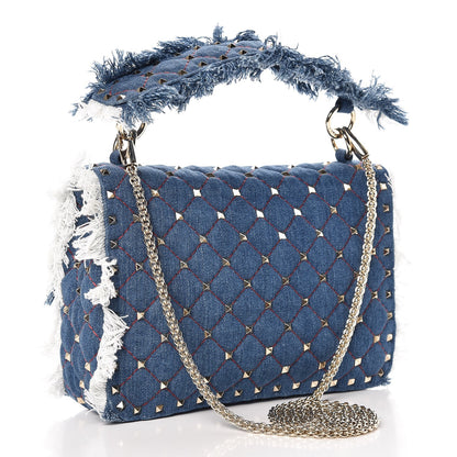Valentino Garavani Denim Fringe Medium Rockstud Spike Shoulder Bag Blue 4 of 11