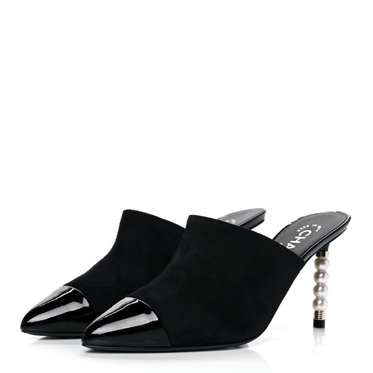 Suede Patent Calfskin Cap Toe Pearl Mule 35.5 Black