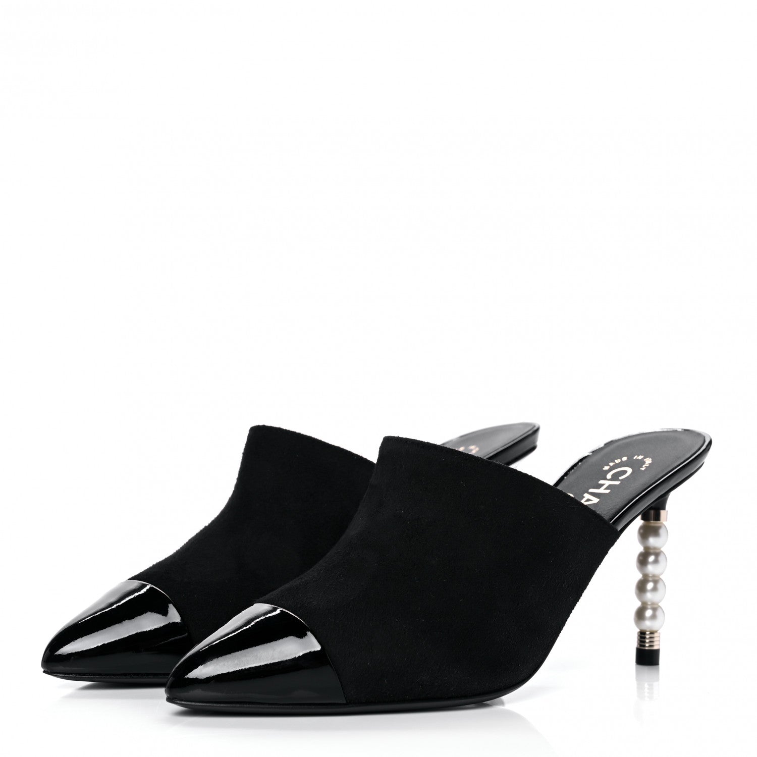 Chanel Suede Patent Calfskin Cap Toe Pearl Mule 35.5 Black 3 of 11