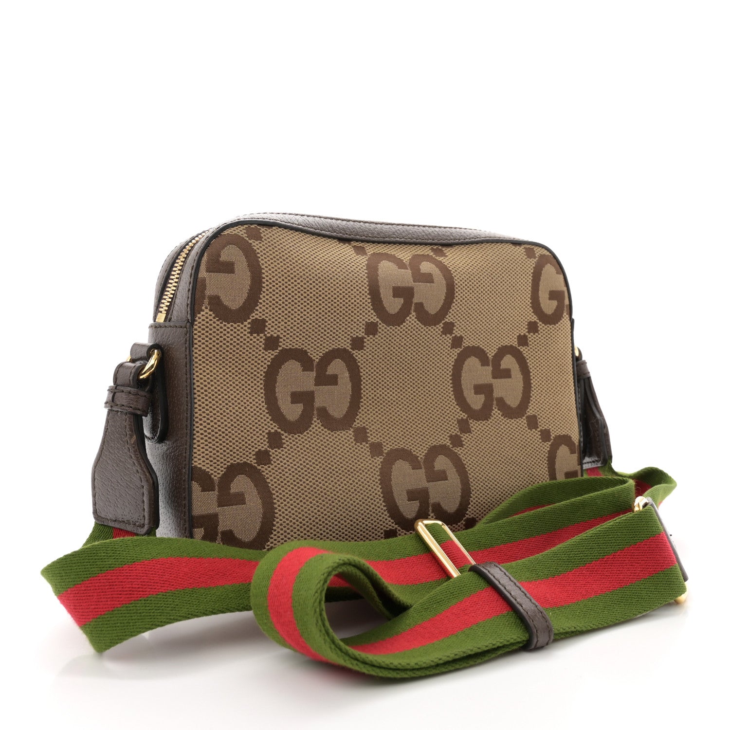 Gucci Monogram Jumbo GG Textured Dollar Calfskin Web Messenger Shoulder Bag Camel Ebony New Acero 3 of 13