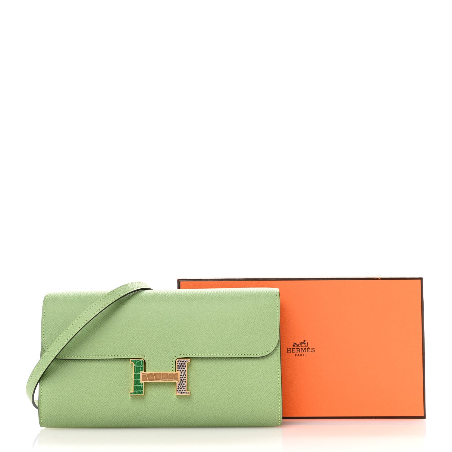 Hermes Epsom Alligator Lizard Constance Wallet To Go Vert Criquet Cactus Beige Sable Ombre 10 of 10
