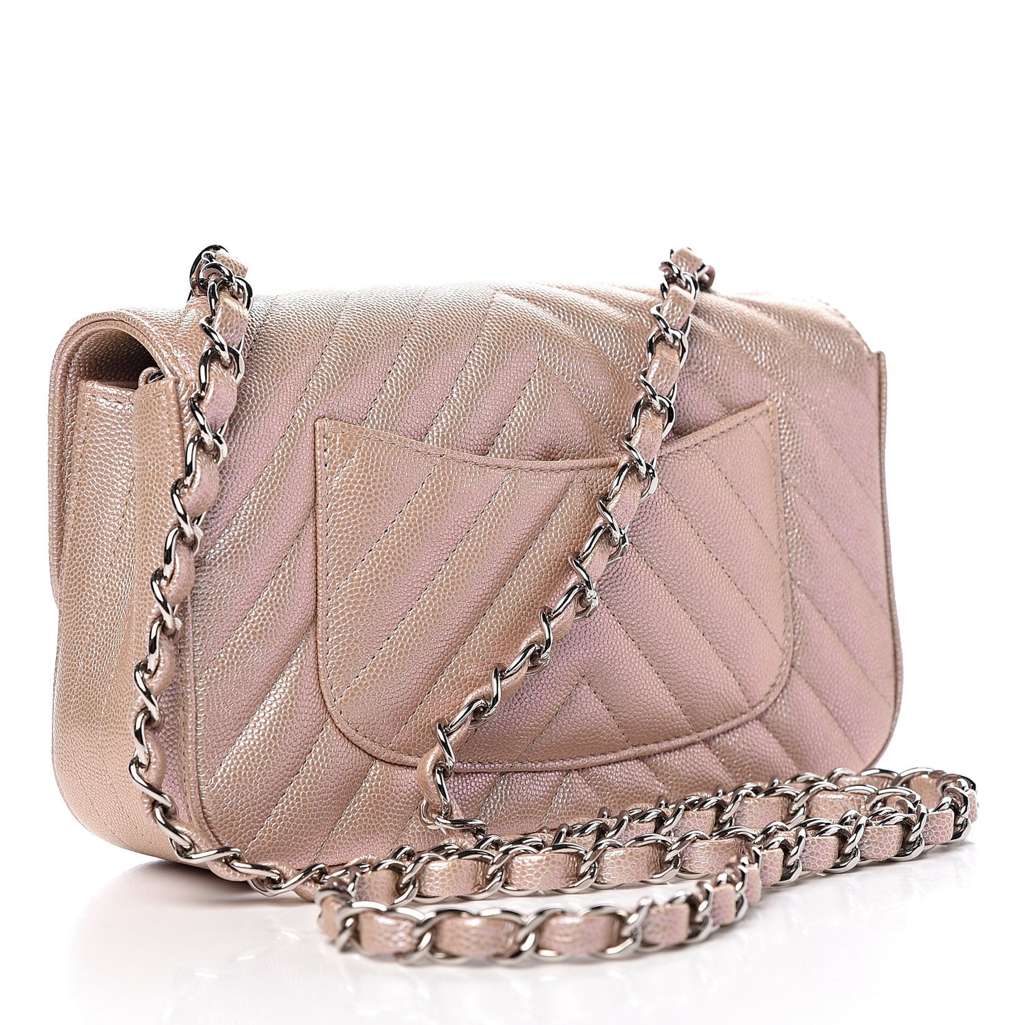 Iridescent Caviar Chevron Quilted Mini Rectangular Flap Light Gold