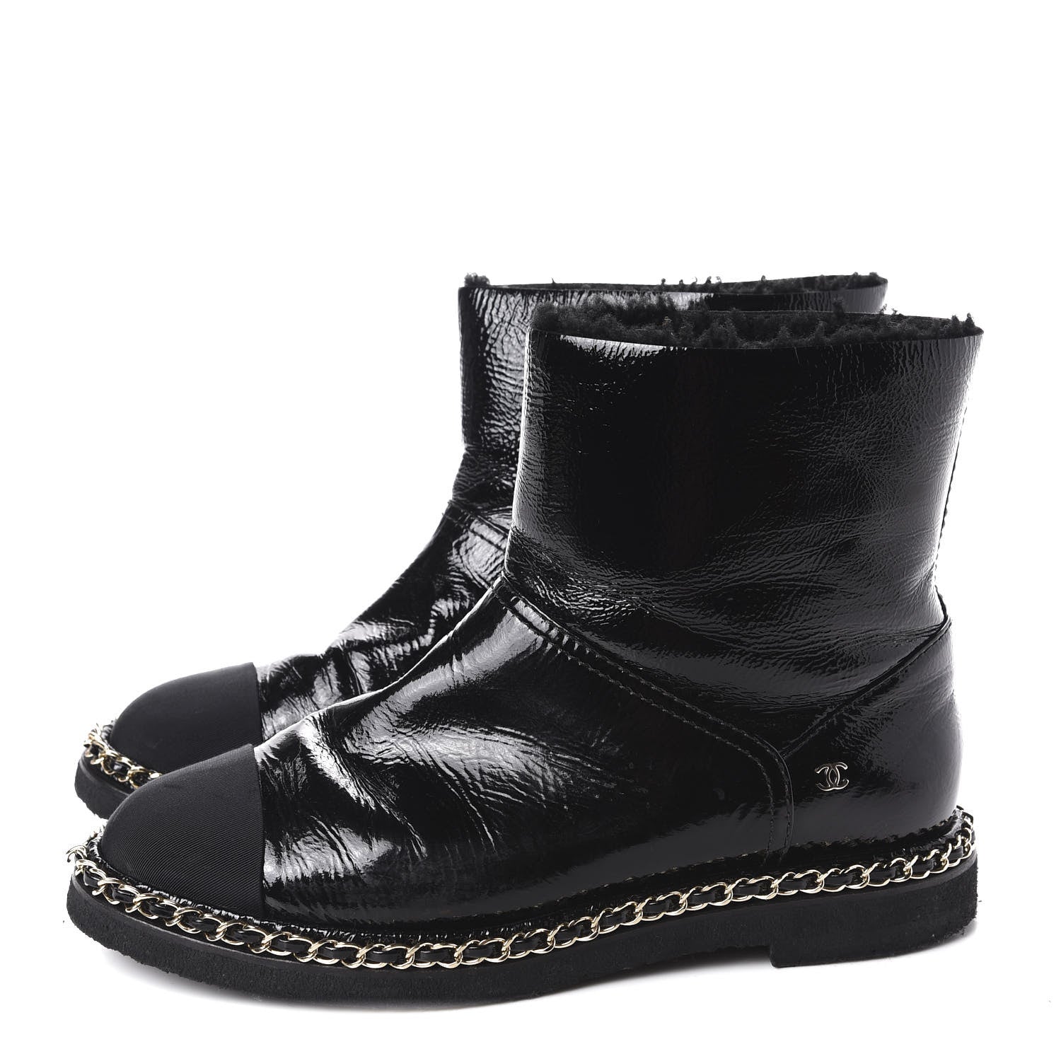 Chanel Crumpled Calfskin Shearling Womens Cap Toe Chain Short Boots 39 Black 3 of 9
