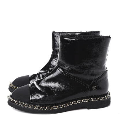 Chanel Crumpled Calfskin Shearling Womens Cap Toe Chain Short Boots 39 Black 3 of 9