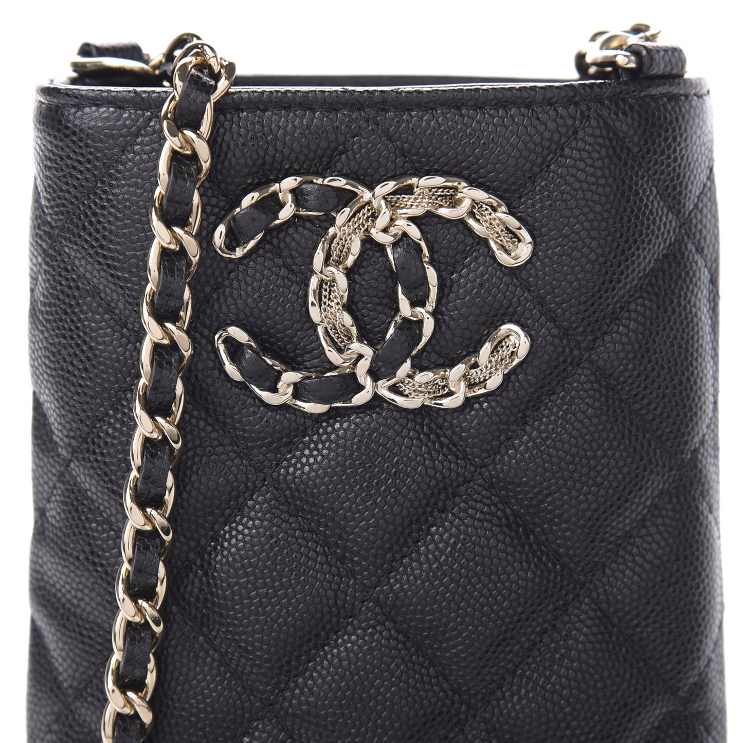 Caviar Quilted French New Wave Phone Holder With Chain Black