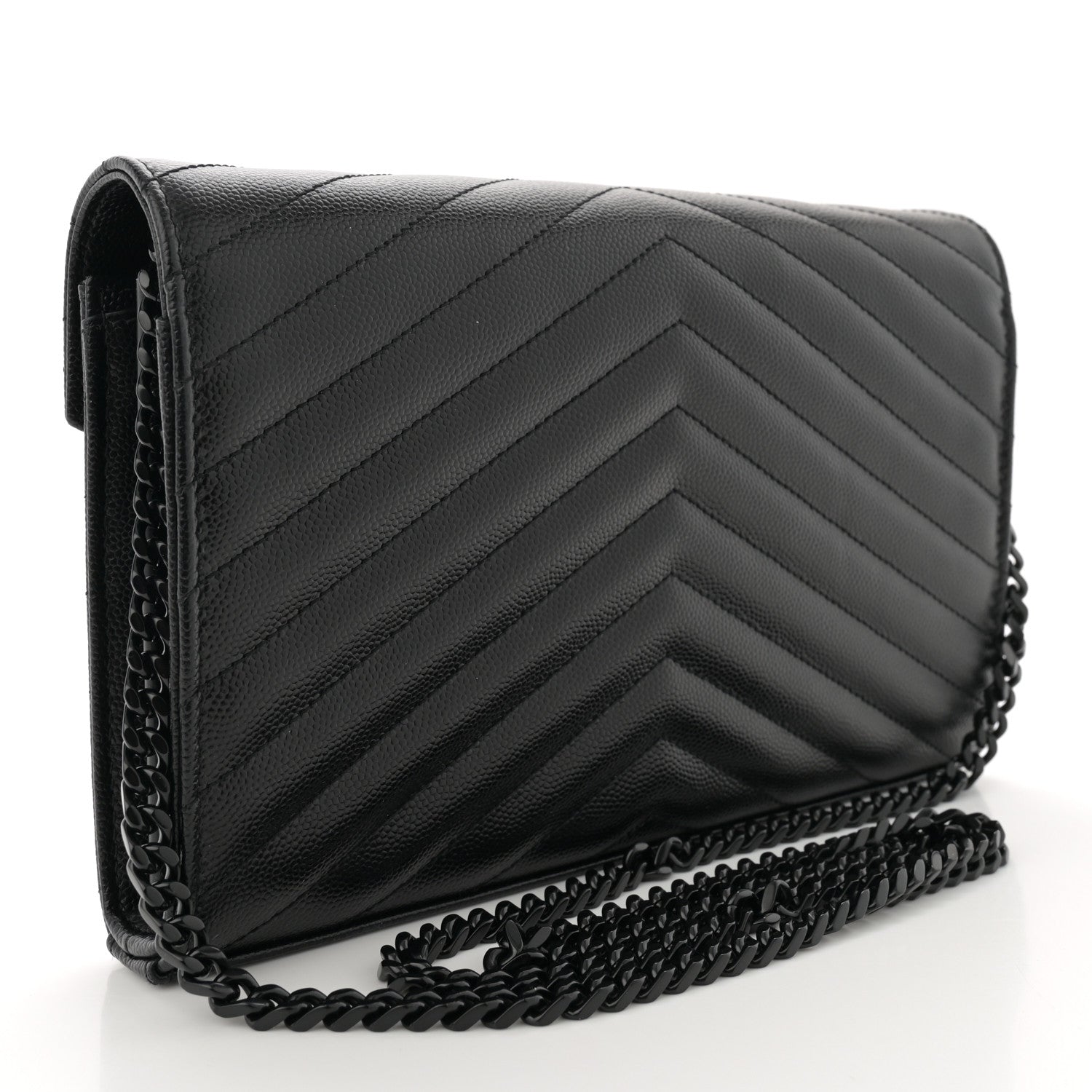 Saint Laurent Grain De Poudre Matelasse Chevron Monogram Monochrome Chain Wallet Black 3 of 13