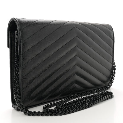 Saint Laurent Grain De Poudre Matelasse Chevron Monogram Monochrome Chain Wallet Black 3 of 13