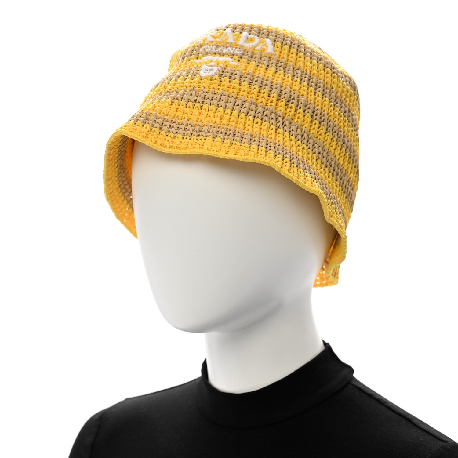 Prada Raffia Striped Logo Embroidered Womens Bucket Hat M Naturale Giallo 2 of 8