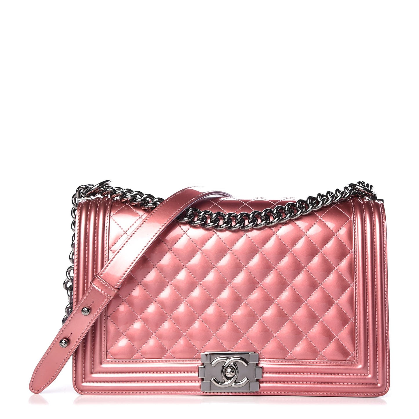 Metallic Patent Calfskin Quilted New Medium Boy Flap Light Pink