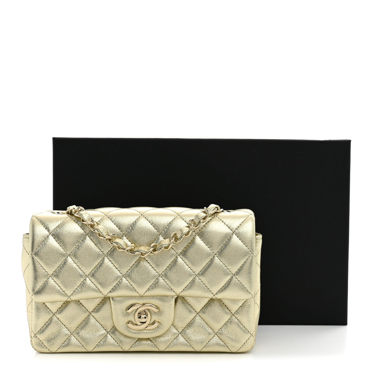 Metallic Lambskin Quilted Mini Rectangular Flap Gold