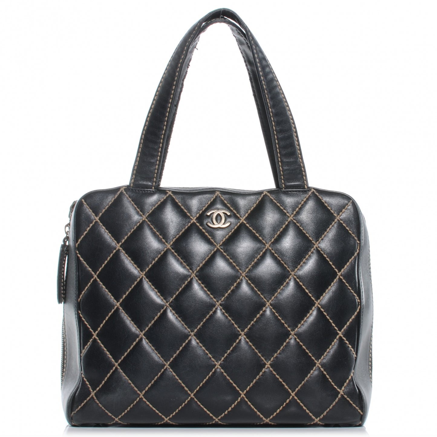Leather Contrast Stitch Surpique Handbag Black