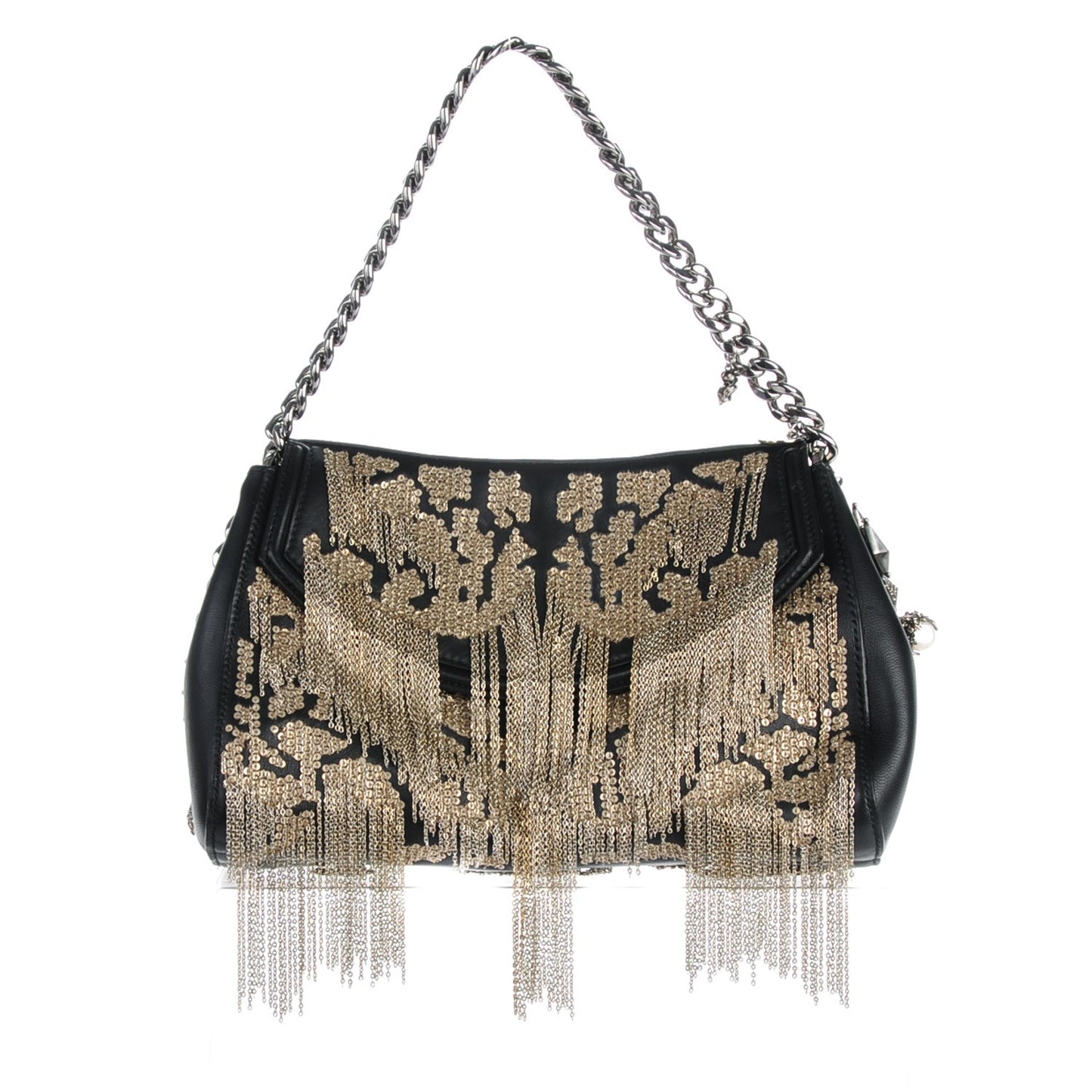 Nappa Embroidered Chain Medallion Heraldic Satchel Black