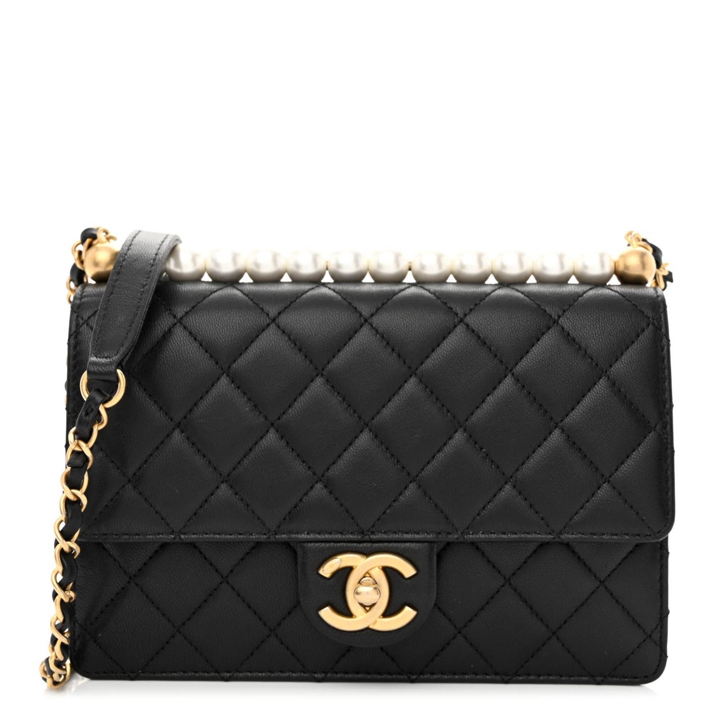 Goatskin Quilted Small Chic Pearls Flap Black