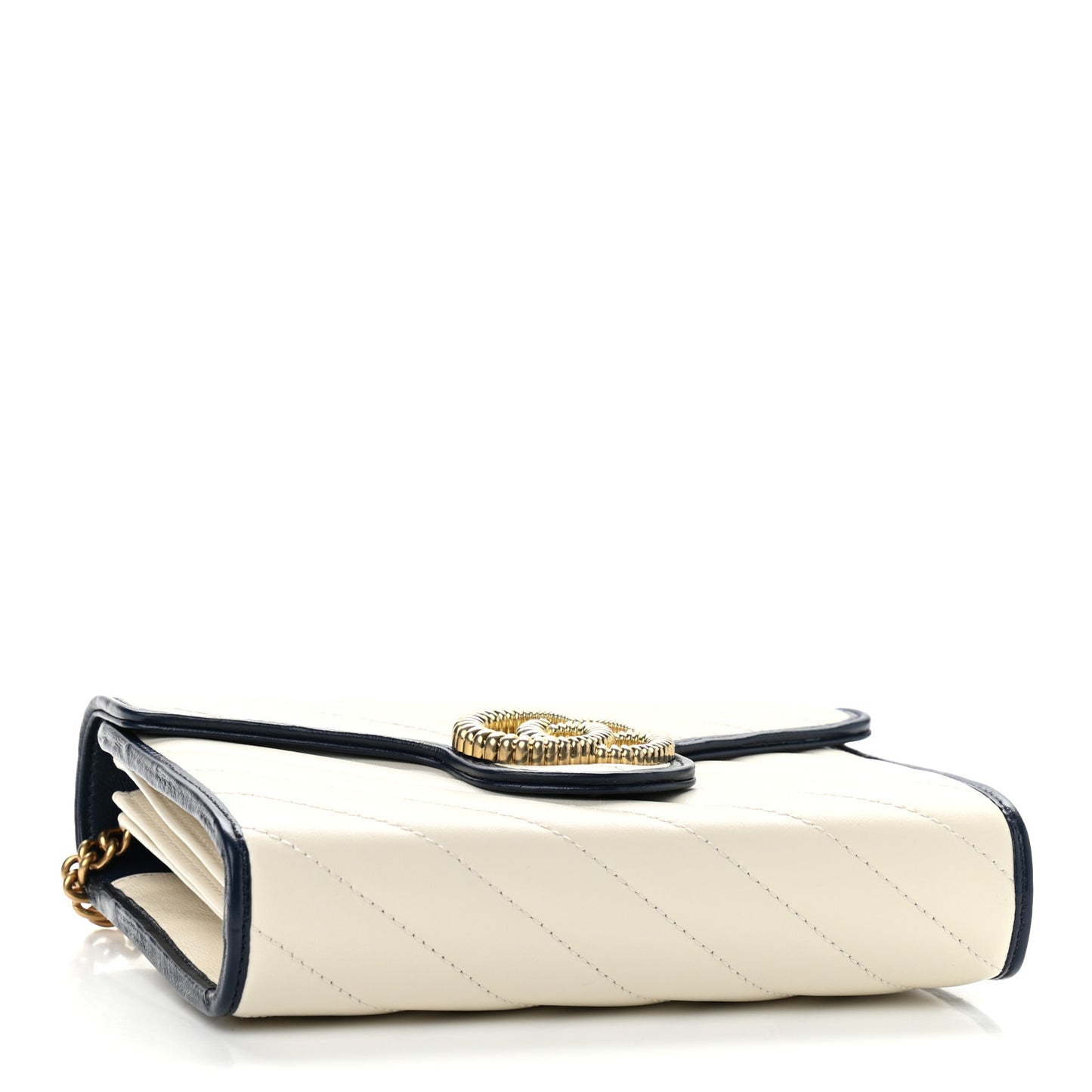 Vintage Effect Calfskin Matelasse Diagonal Torchon GG Marmont Chain Wallet Mystic White Blue Agata
