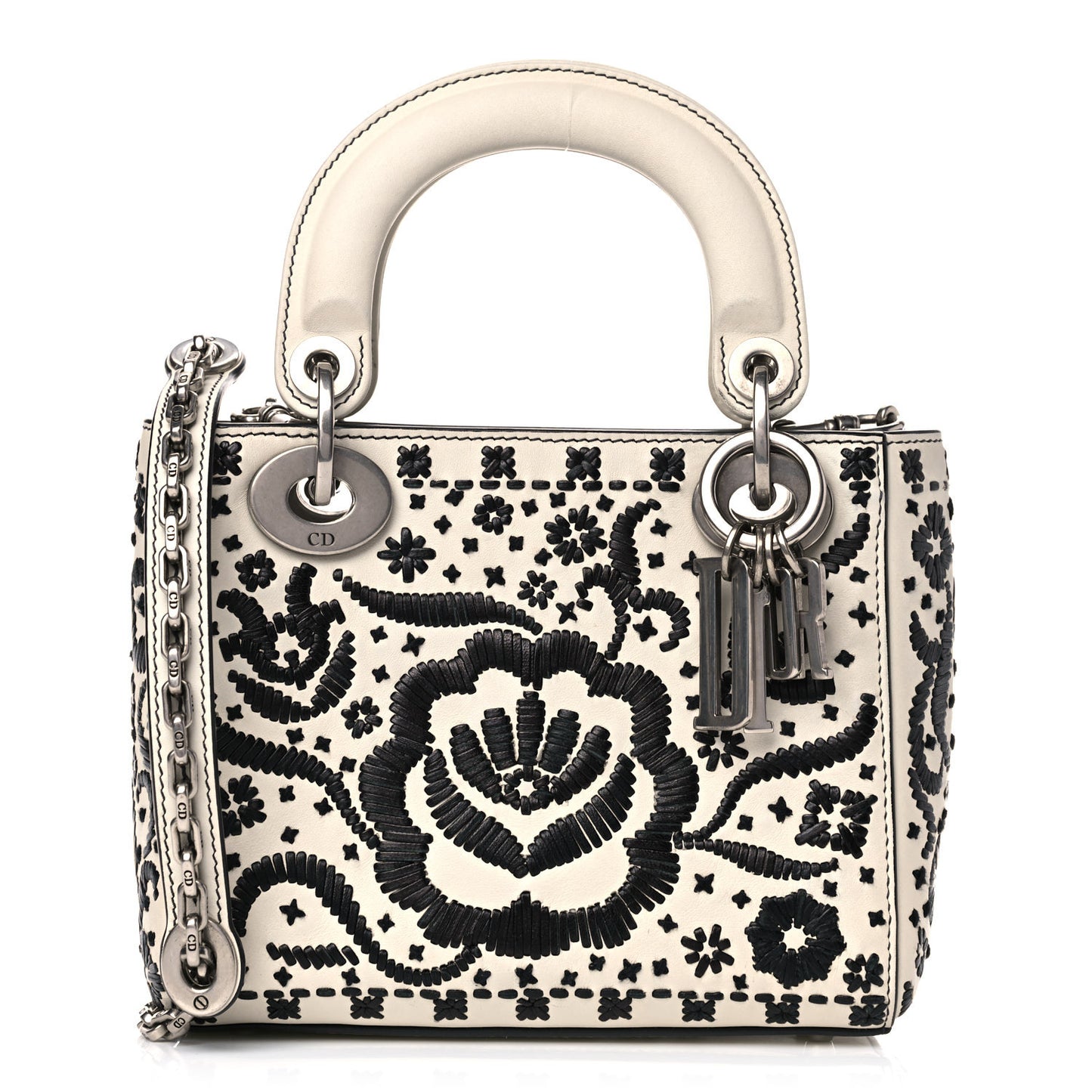 Calfskin Floral Embroidered Mini Lady Dior Black White