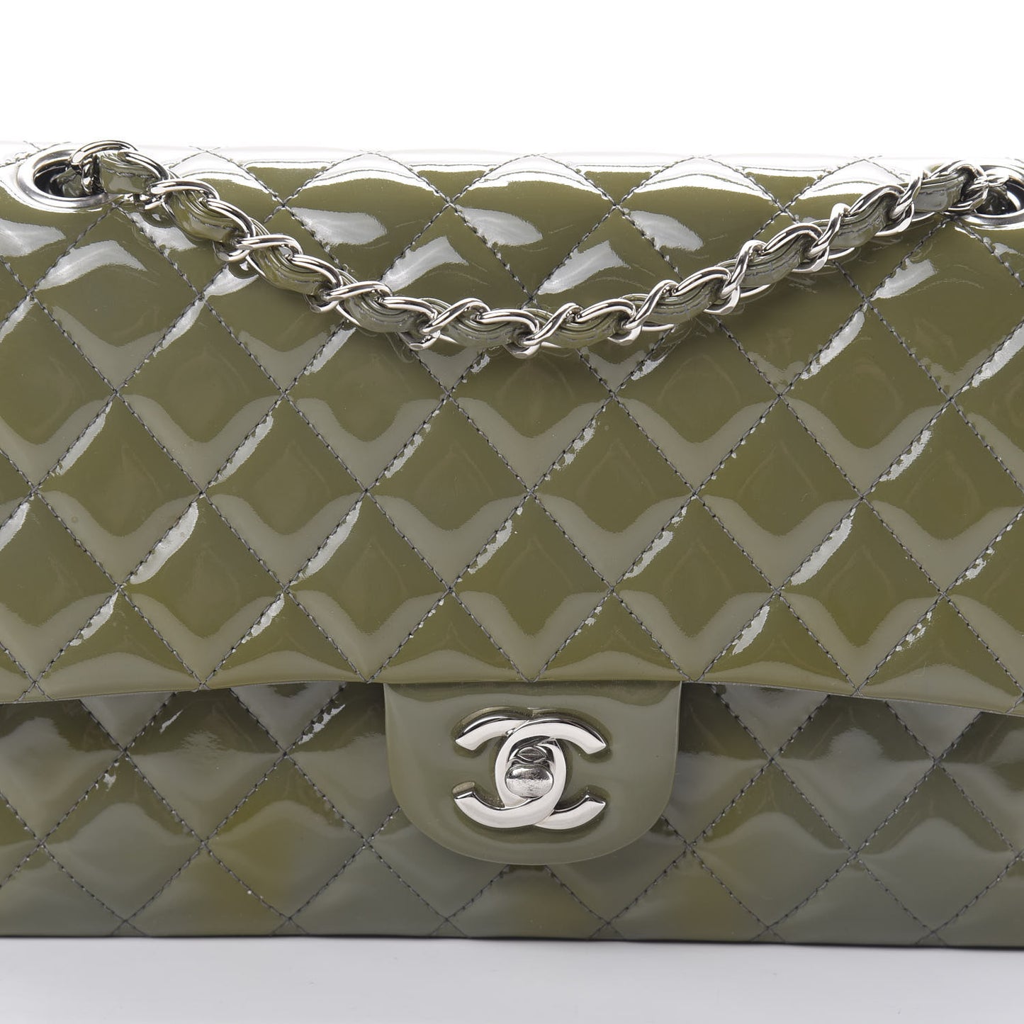 Patent Calfskin Quilted Medium Double Flap Grey