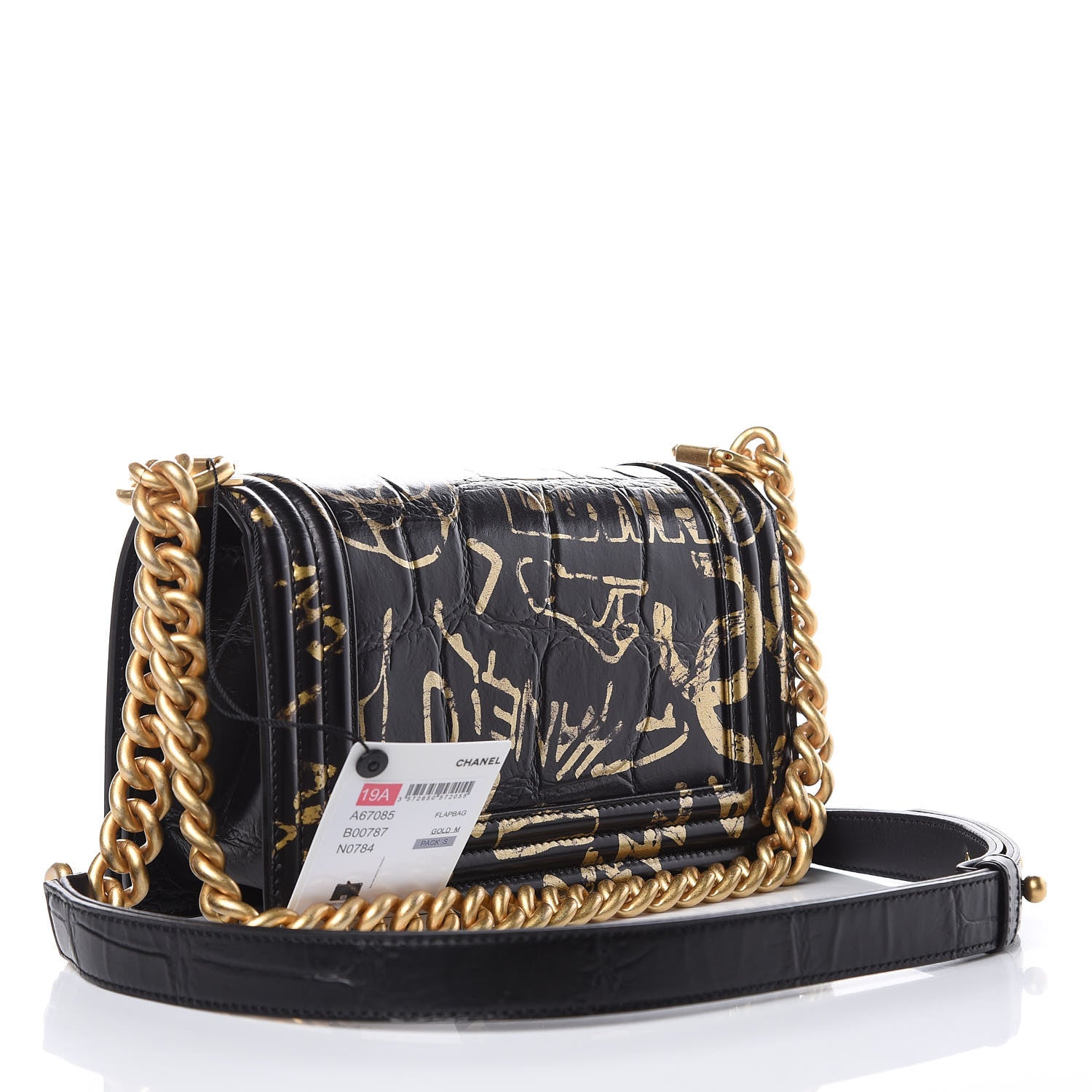 Chanel Calfskin Crocodile Embossed Graffiti Small Cocodile Boy Flap Black Gold 3 of 13