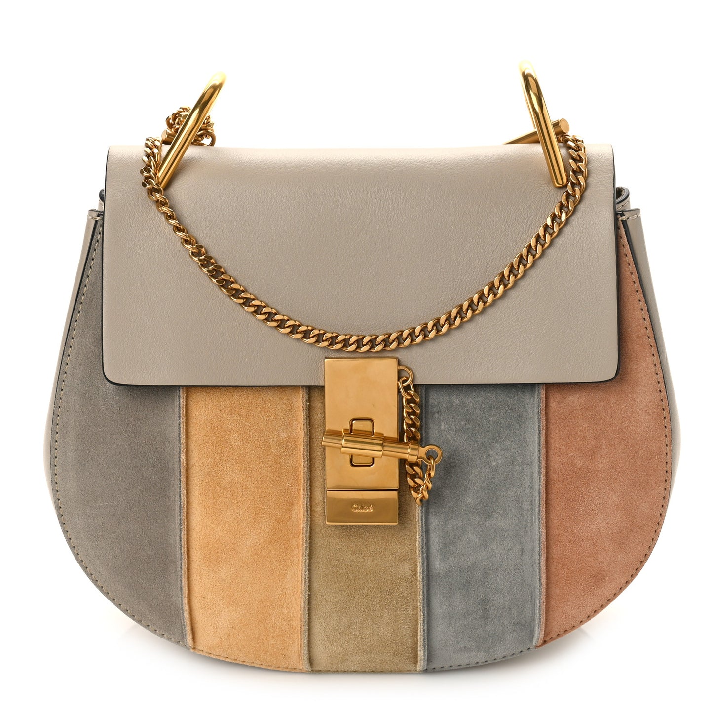 Suede Calfskin Striped Patchwork Drew Shoulder Bag Grey Multicolor