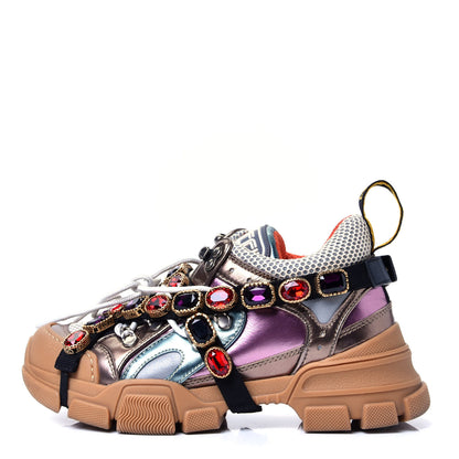 Gucci X SEGA Metallic Calfskin Mesh Removable Crystals Womens Flashtrek Sneakers 36 Rame Mystic White Lago 1 of 10