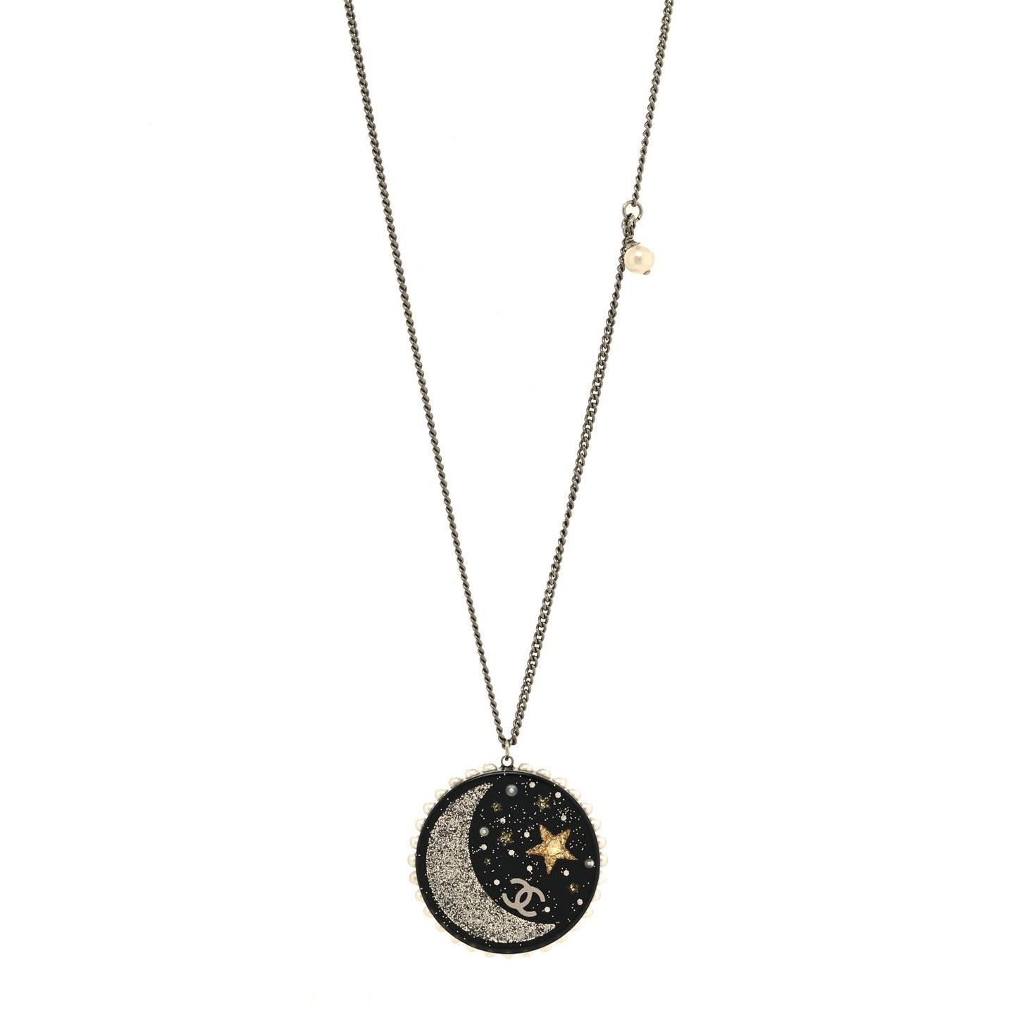 Glittered Resin Crystal Pearl CC Moon Pendant Necklace Black Gold Silver