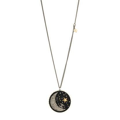 Chanel Glittered Resin Crystal Pearl CC Moon Pendant Necklace Black Gold Silver 1 of 5