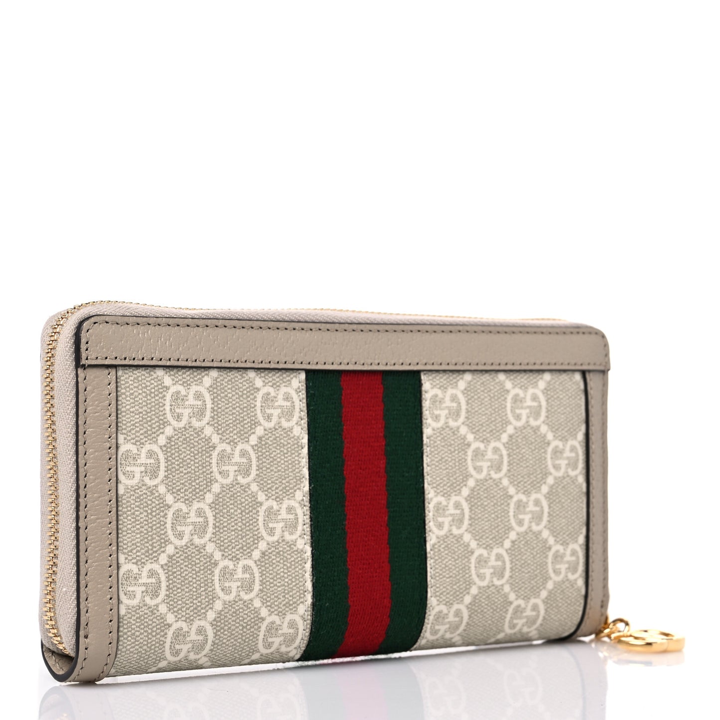 GG Supreme Monogram Textured Dollar Calfskin Web Ophidia Zip Around Wallet Beige Mystic White Oatmeal