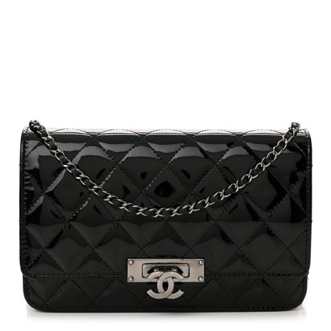 Patent Quilted Golden Class Wallet on Chain WOC Black