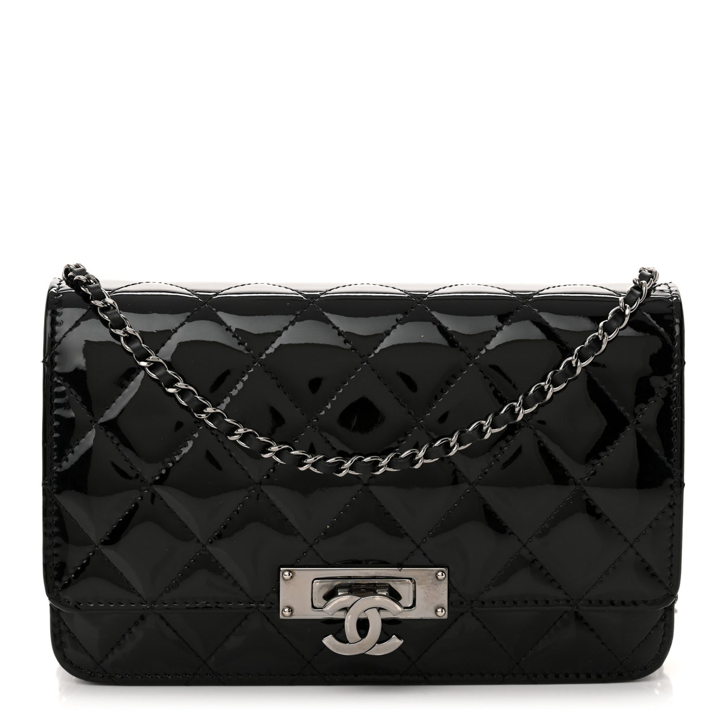 Patent Quilted Golden Class Wallet on Chain WOC Black