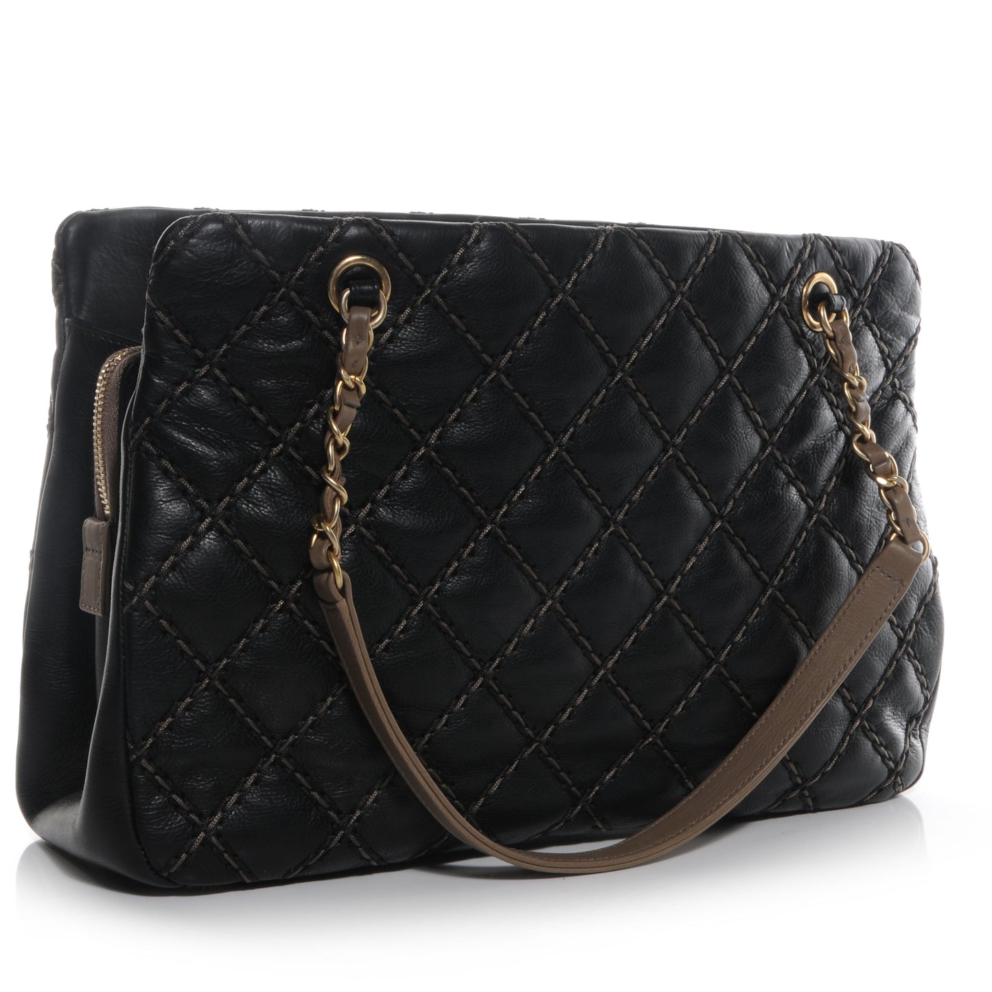 Calfskin Double Contrast Stitch Large Tote Black
