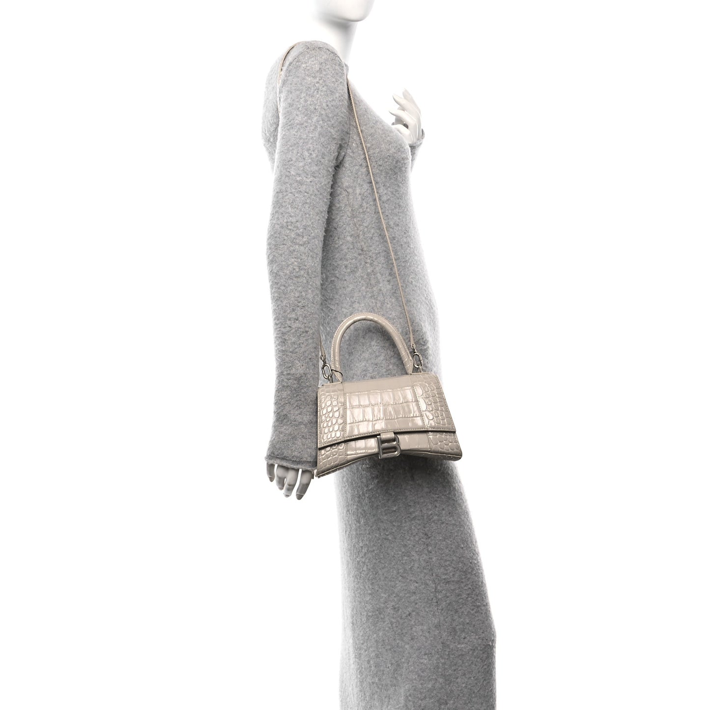 Shiny Calfskin Crocodile Embossed Small Hourglass Top Handle Bag Cold Beige