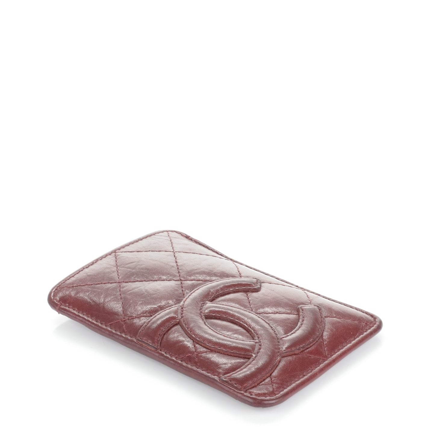 Aged Calfskin Quilted Cambon Card Case Holder Dark Red