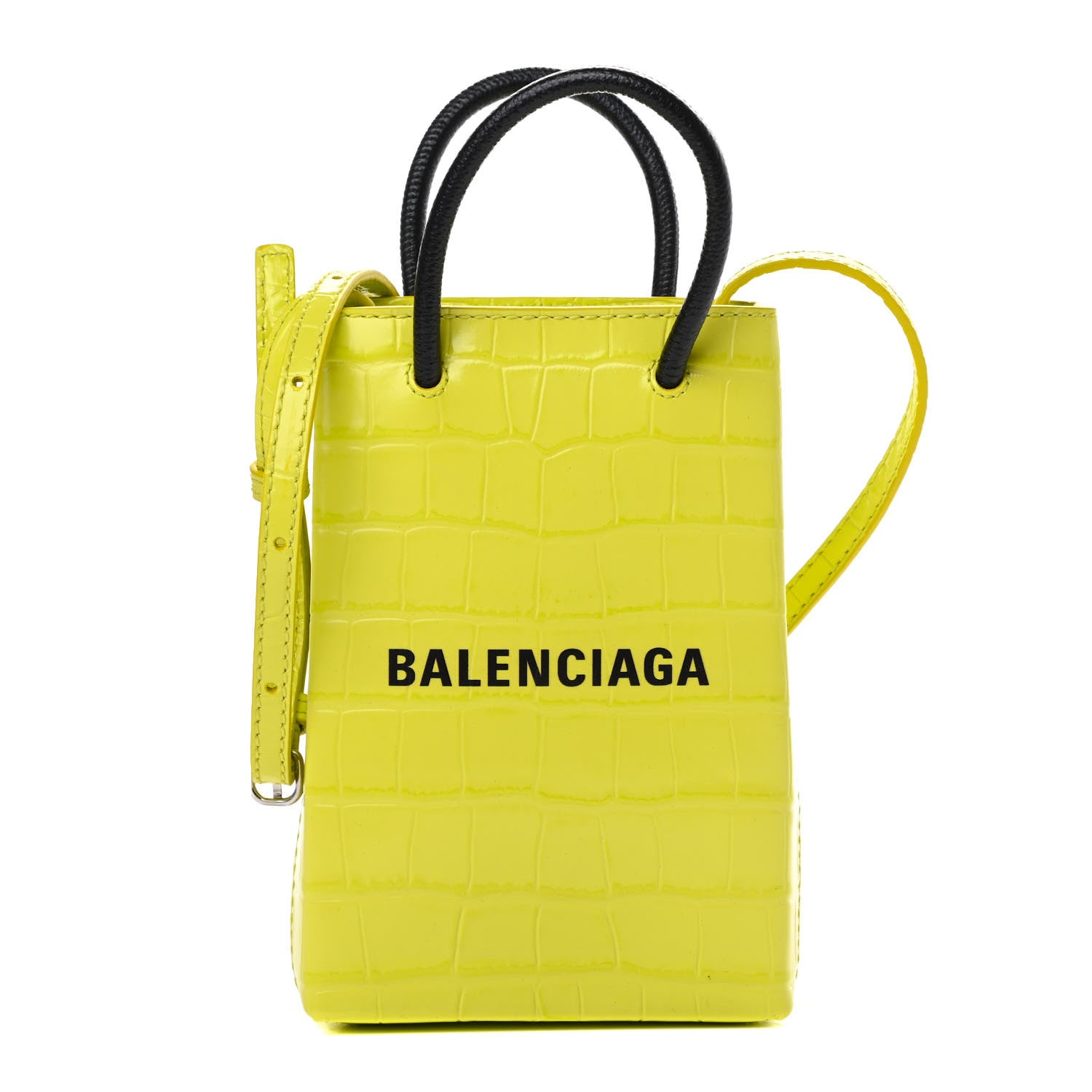 Balenciaga Calfskin Crocodile Embossed Logo Shopping Phone Holder