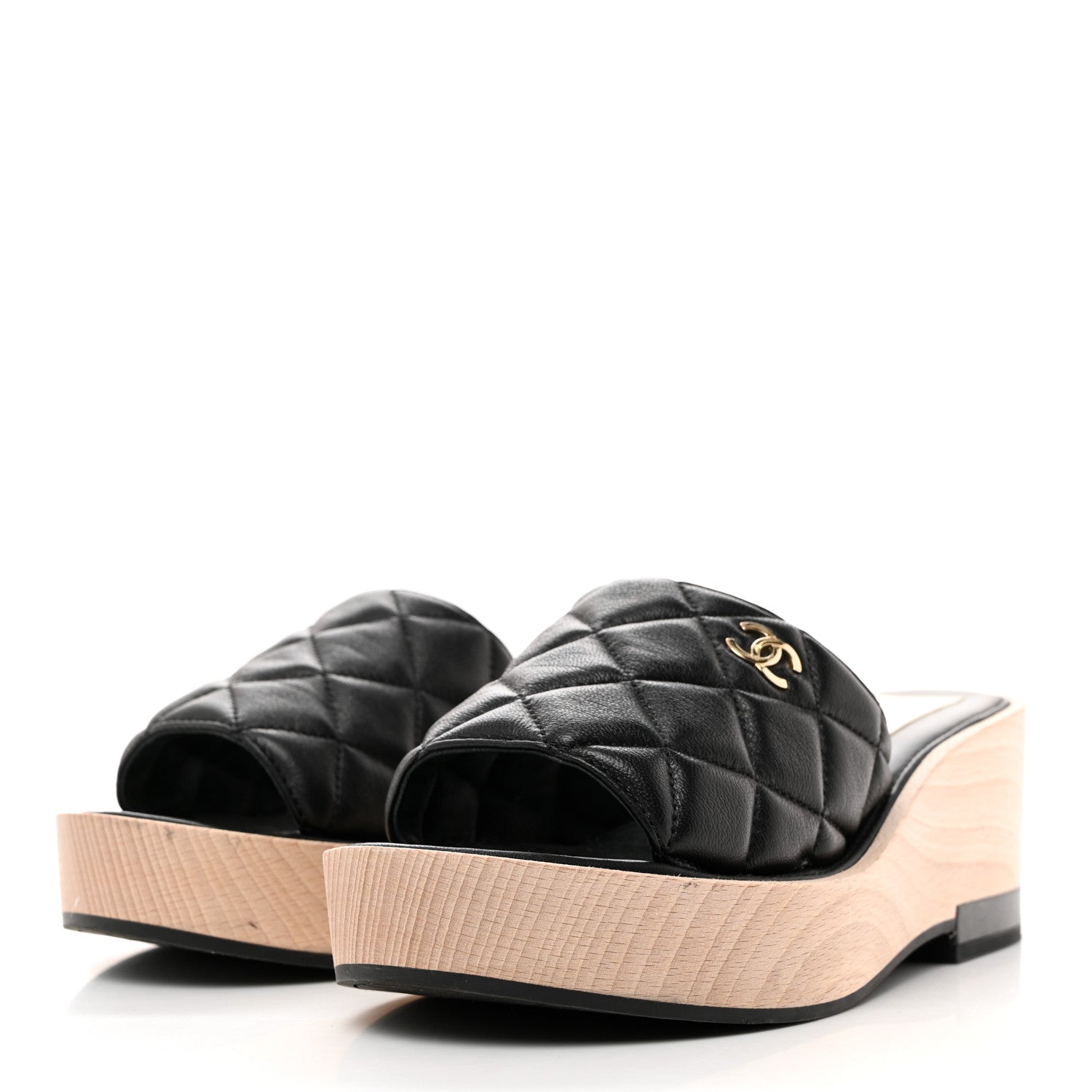 Chanel Lambskin Quilted CC Wedge Sandals 38 Black 3 of 10