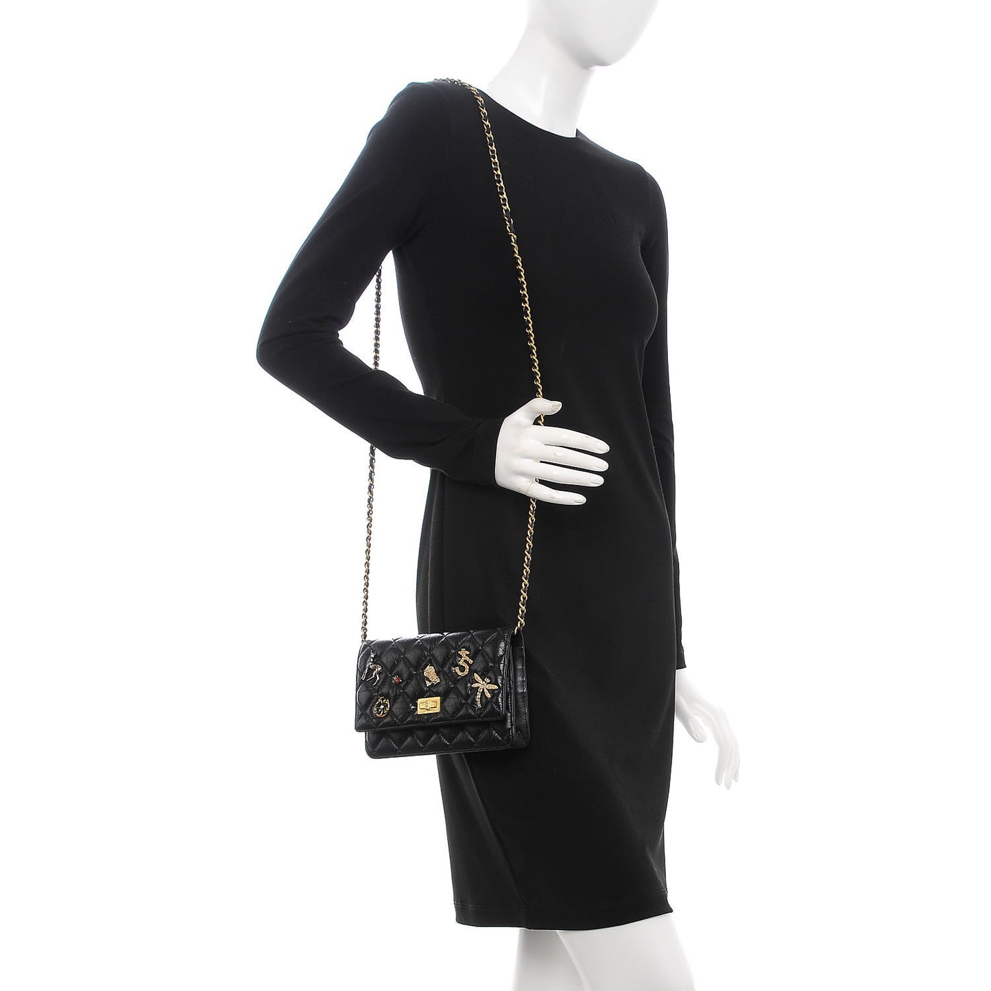 Aged Calfskin Quilted Lucky Charms 2.55 Reissue Wallet On Chain WOC Black