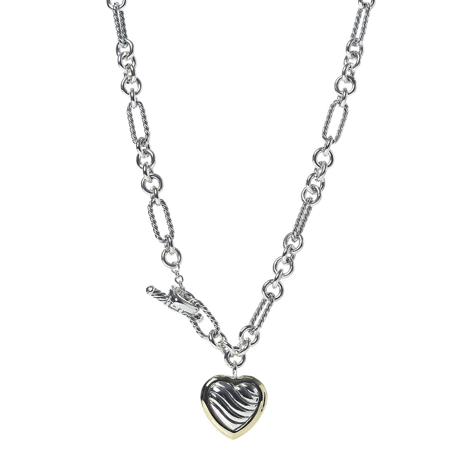 David Yurman Sterling Silver 18K Yellow Gold Cable Heart Figaro Necklace 1 of 5
