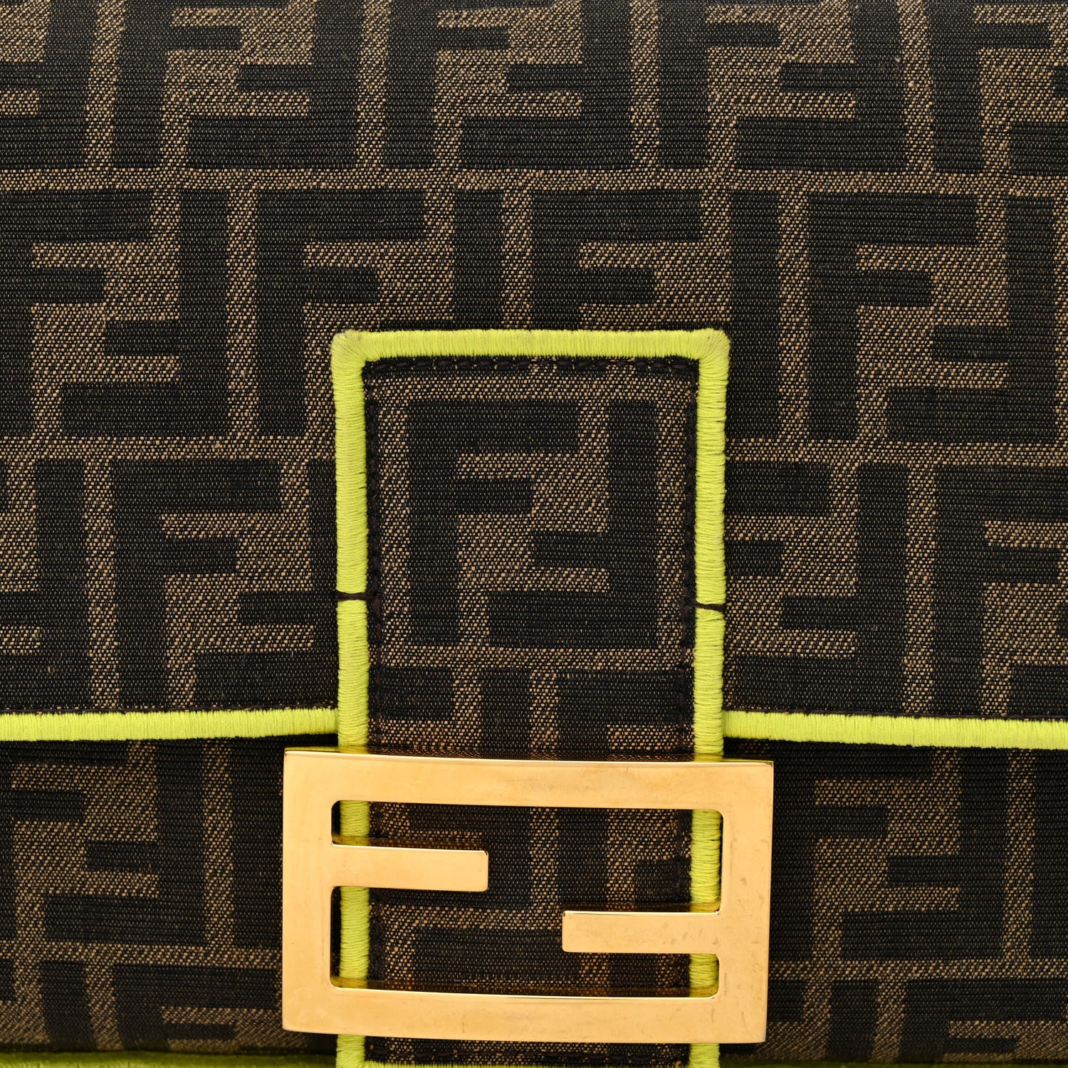 Fendi Fabric Jacquard FF 1974 Large Baguette Tobacco Moro Giallo Fluo 8 of 10