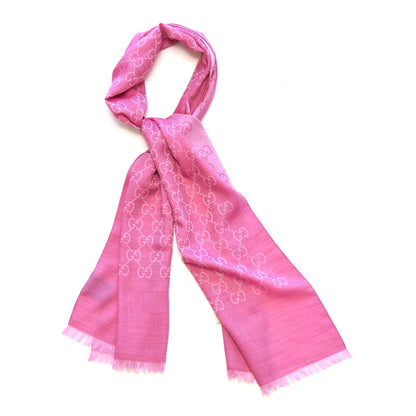 Gucci Wool Silk Monogram Fringe Scarf Pink 1 of 7